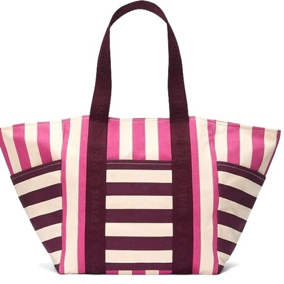 Victoria's Secret Striped Carry On Large Canvas Zipper Beach Tote NEW MSRP $49 - Picture 6 of 14